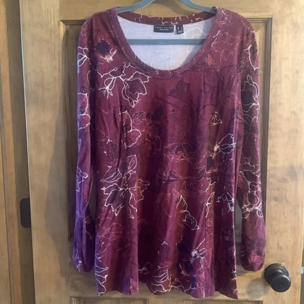 Susan Graver Burgundy Floral Long Sleeve Top